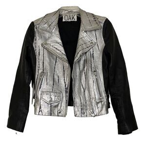 OAK Genuine Leather Black and silver metallic motorcycle riding zip up jacket S
